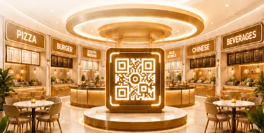 Warm premium food court interior with a glowing central QR code kiosk